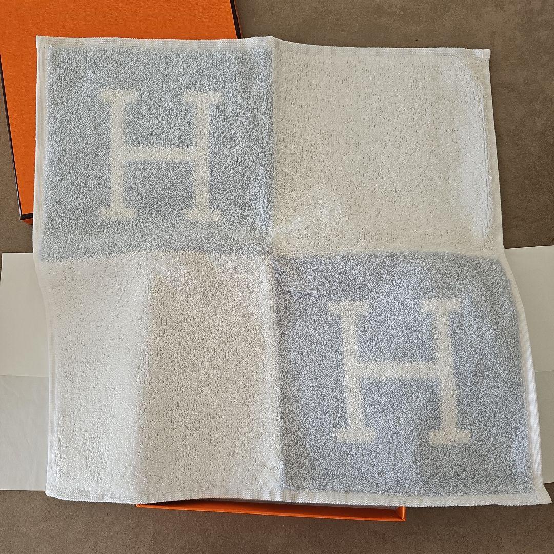 HERMES タオルハンカチ ブルーグレー/ホワイト