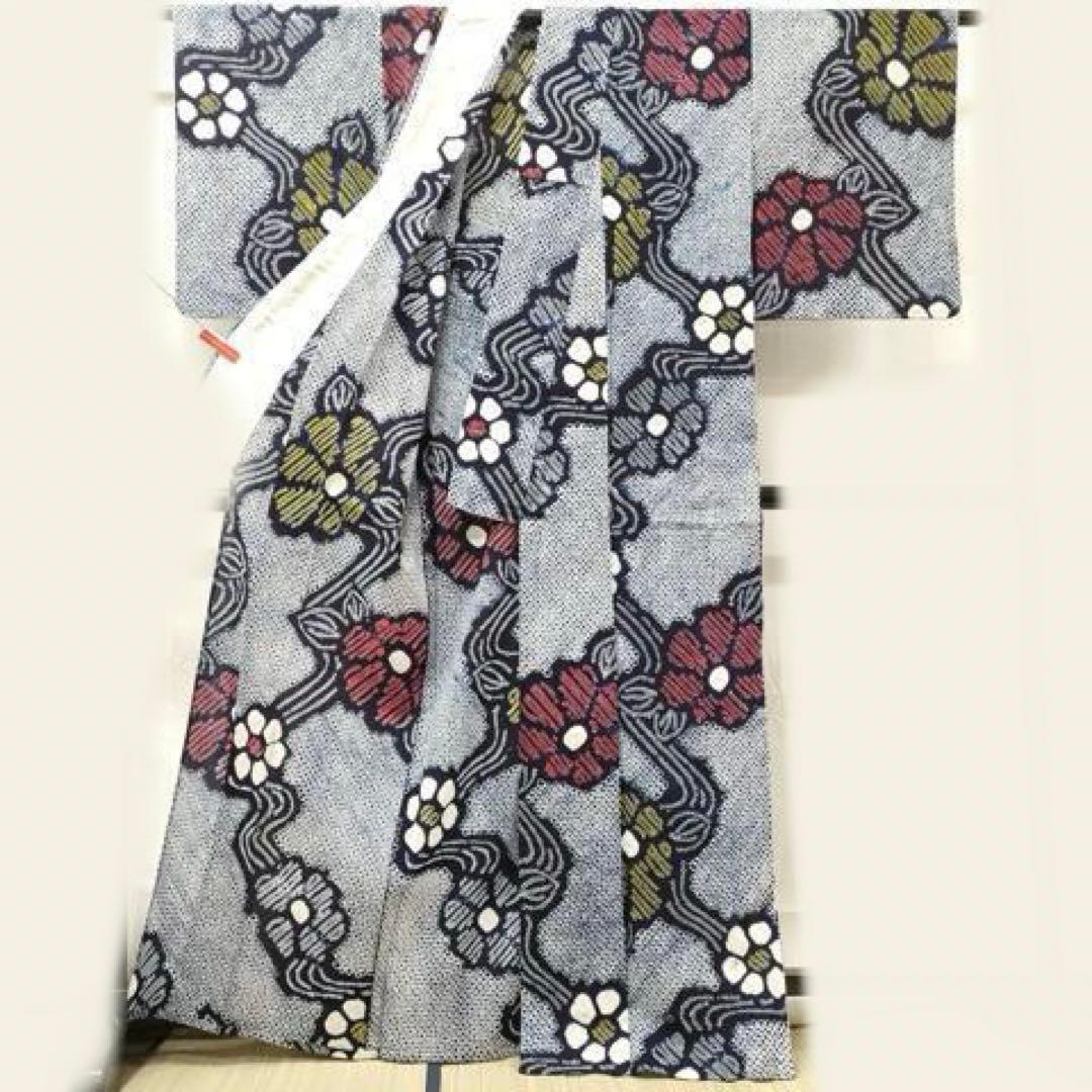 有松絞り　浴衣　トールサイズ　紺地　花文様　流水　三浦絞り