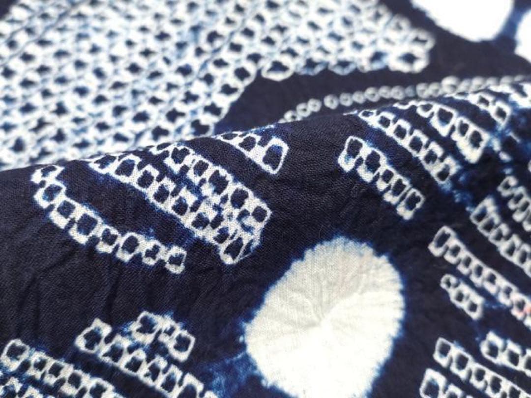 有松絞り　浴衣　トールサイズ　紺地　花文様　流水　三浦絞り