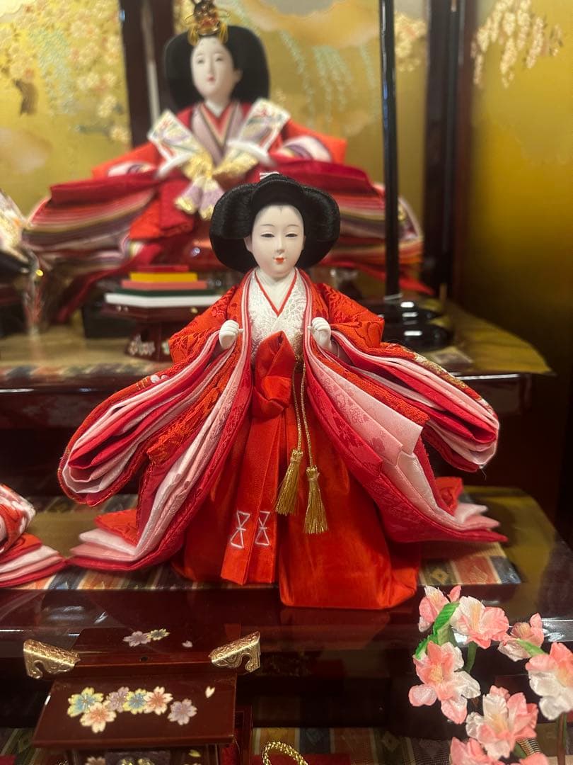 雛人形 三段飾り 五人飾り 収納台付き 金屏風 ぼんぼり付き 新品未使用