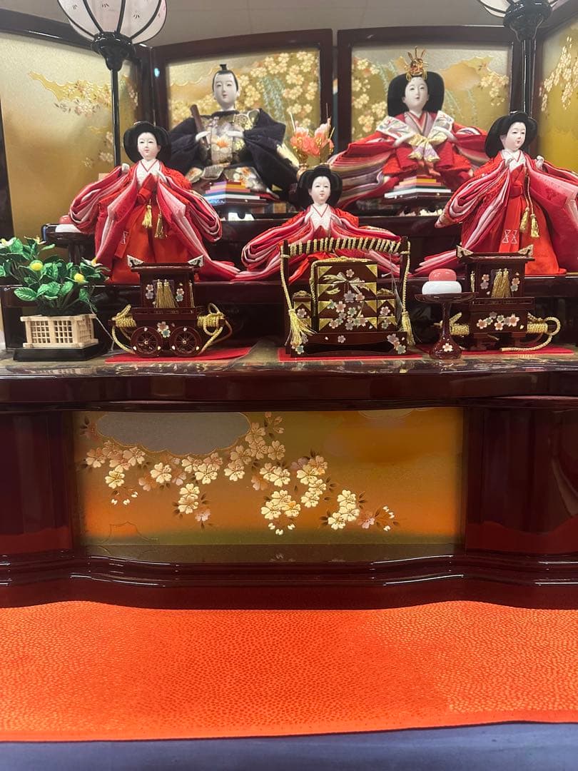 雛人形 三段飾り 五人飾り 収納台付き 金屏風 ぼんぼり付き 新品未使用