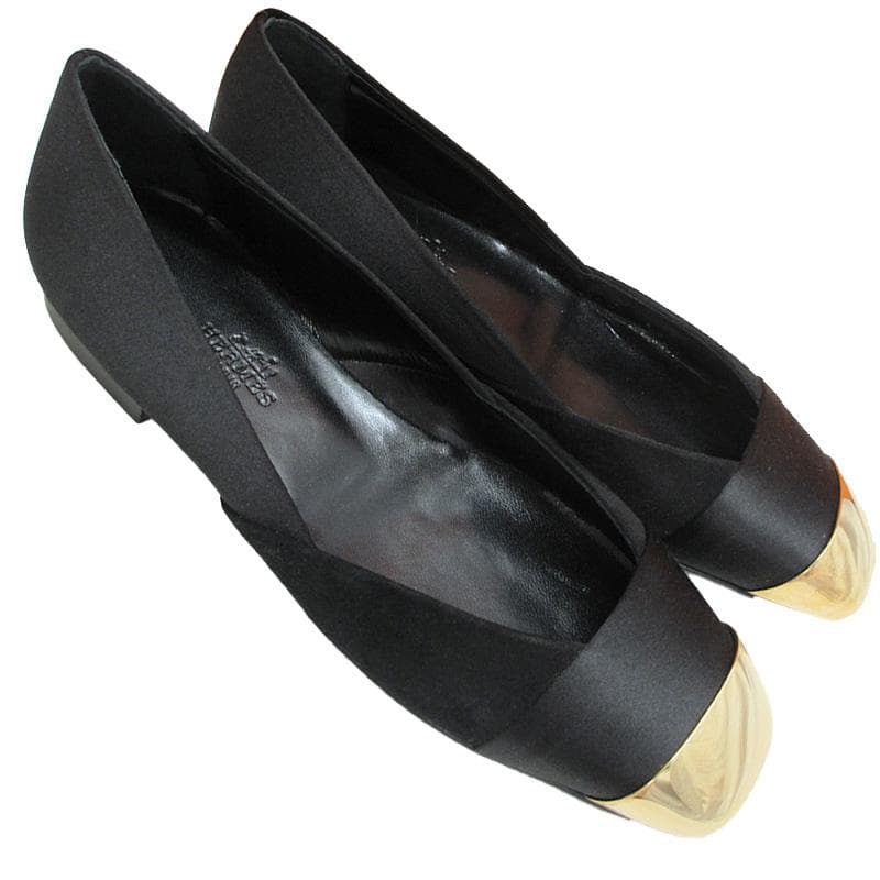 HERMES エルメス パンプス サテン レザー メタル・トゥ 黒 36