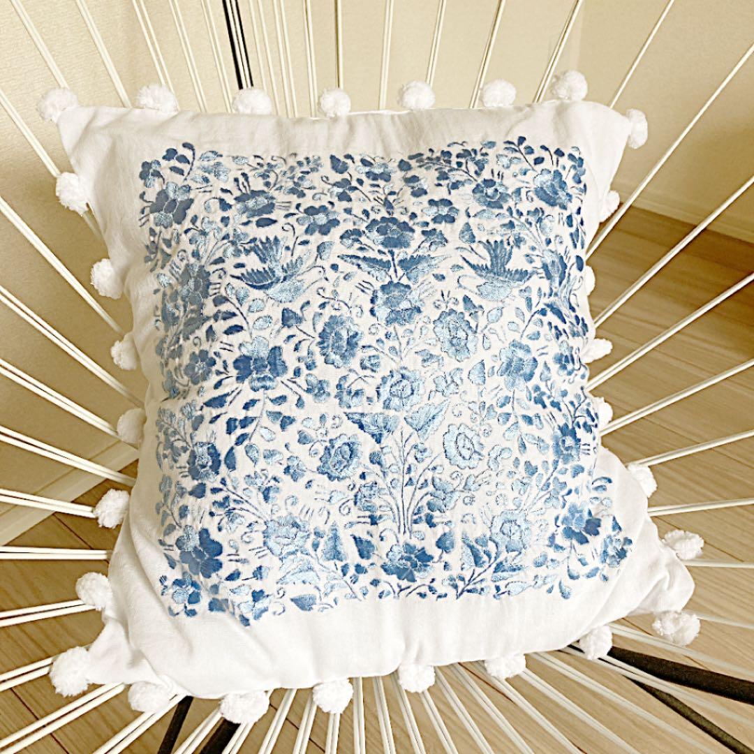 新品＊クッションカバー＊メキシコ刺繍＊ブルー×ホワイト＊水色＊メキシコ雑貨