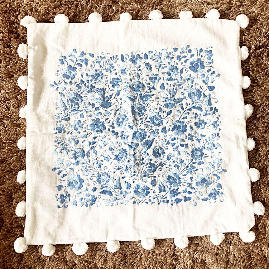 新品＊クッションカバー＊メキシコ刺繍＊ブルー×ホワイト＊水色＊メキシコ雑貨