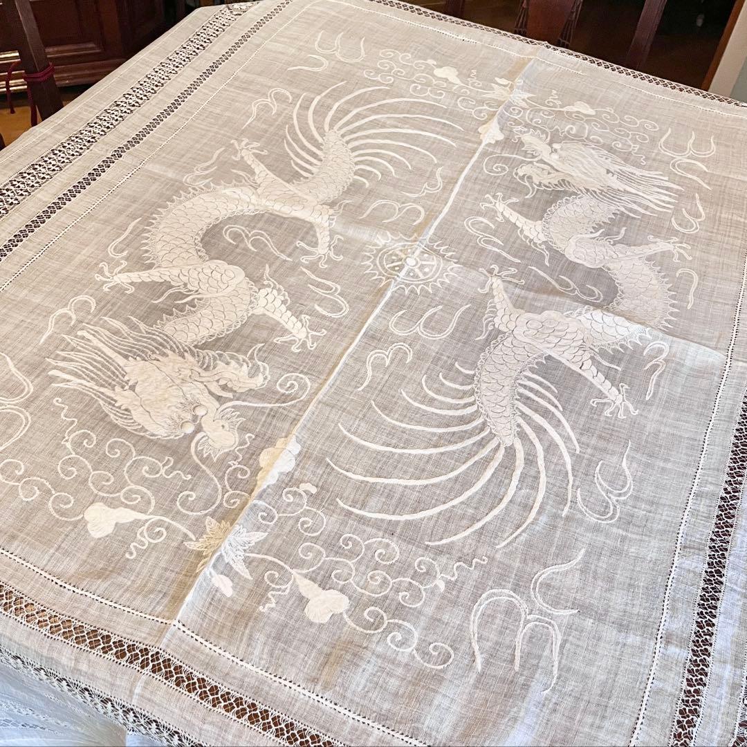 麻 リネン 刺繍 テーブルクロス ドラゴン 龍 ホワイト ベッドカバー
