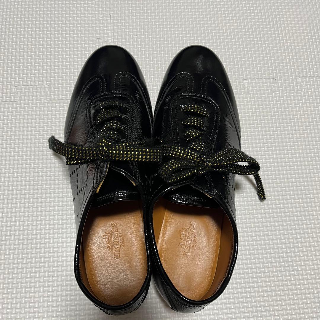 極美品 HERMES エルメス エナメルシューズ 黒 レディース 35 ペタンコ