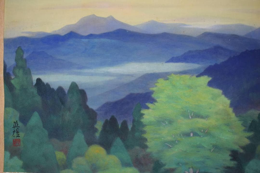 【真作】谷口英雄/湖畔図/山水風景図/横物/岩絵具/掛軸☆宝船☆Y-704　JM