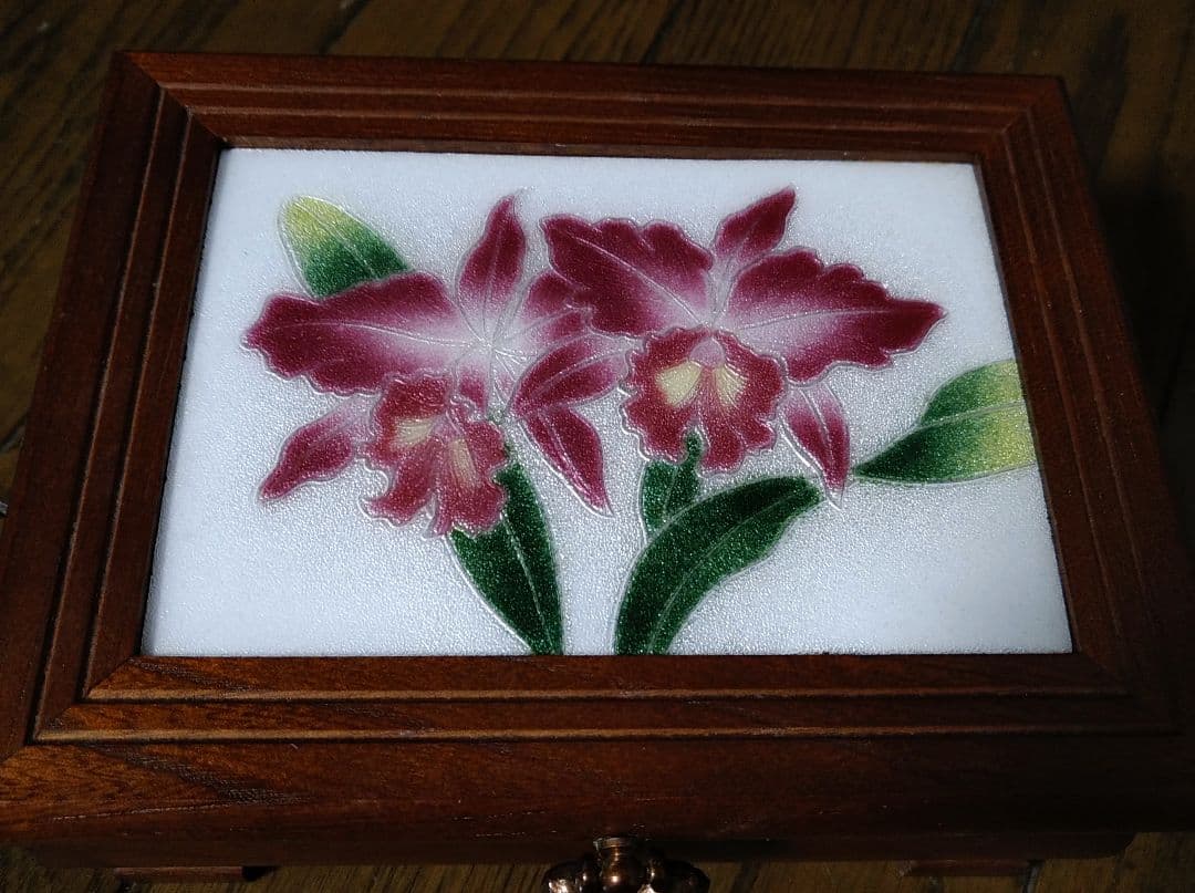 七宝焼き（カトレア柄）オルゴール宝石箱・ゴッドファーザーオルゴール・愛のテーマ