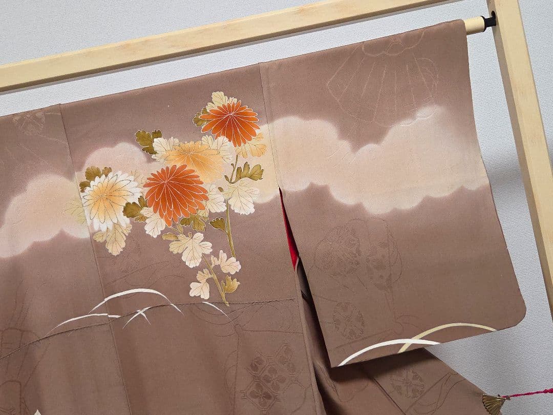 A アンティーク 雲に季節の花々 金彩 刺繍 袷 正絹 訪問着 着物 23