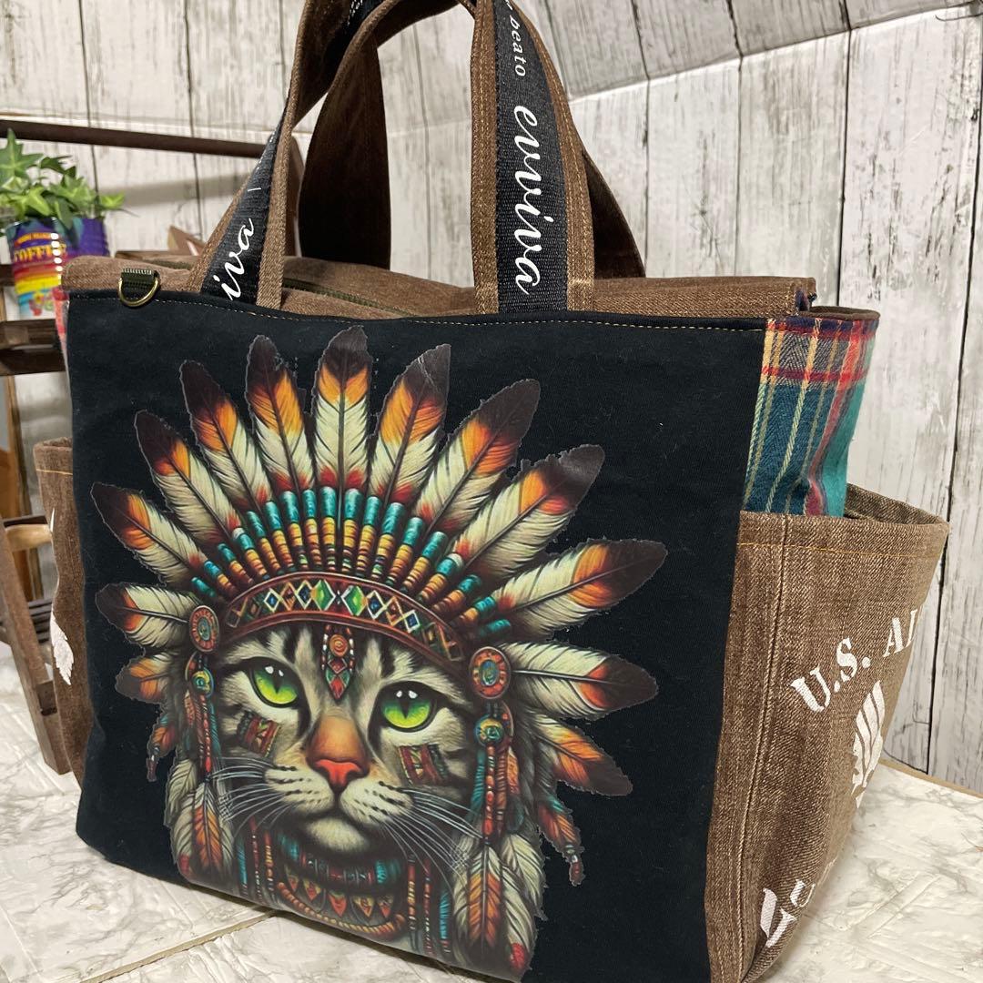 No.527デニムリメイクバッグ　トートバッグ　キャットインディアン