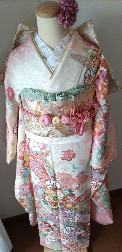 446.振袖7点セット　正絹　フルセット　成人式　京都きもの友禅 細身　美品