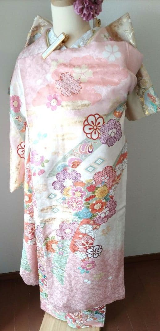 446.振袖7点セット　正絹　フルセット　成人式　京都きもの友禅 細身　美品