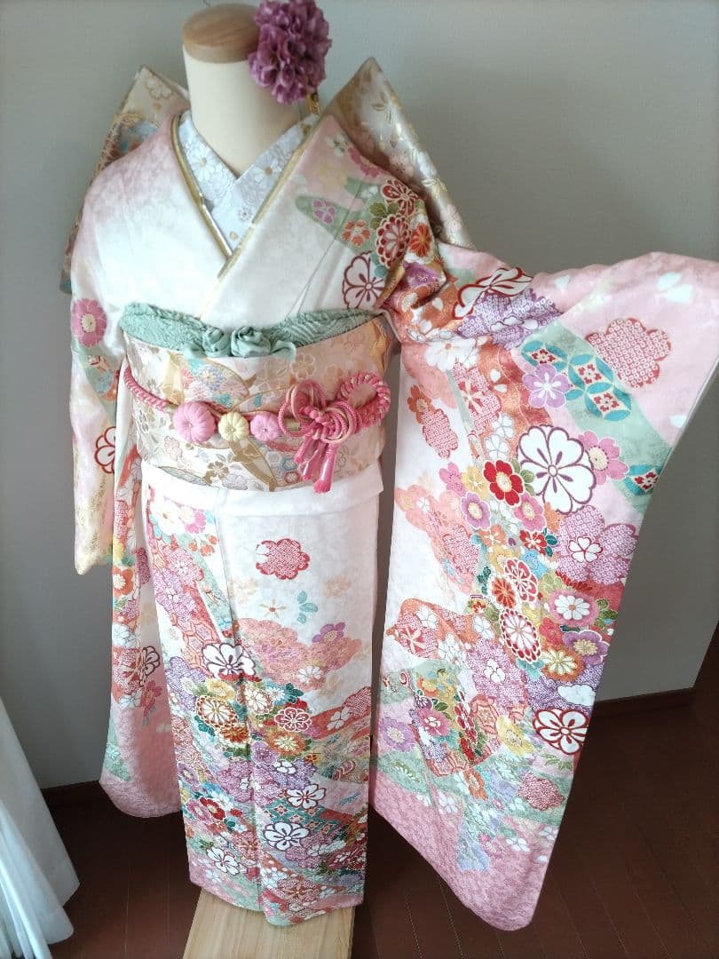 446.振袖7点セット　正絹　フルセット　成人式　京都きもの友禅 細身　美品