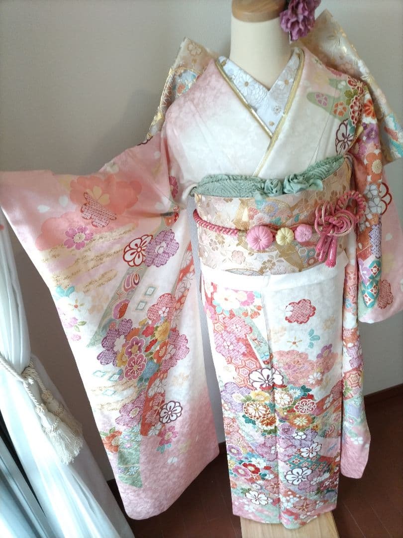 446.振袖7点セット　正絹　フルセット　成人式　京都きもの友禅 細身　美品