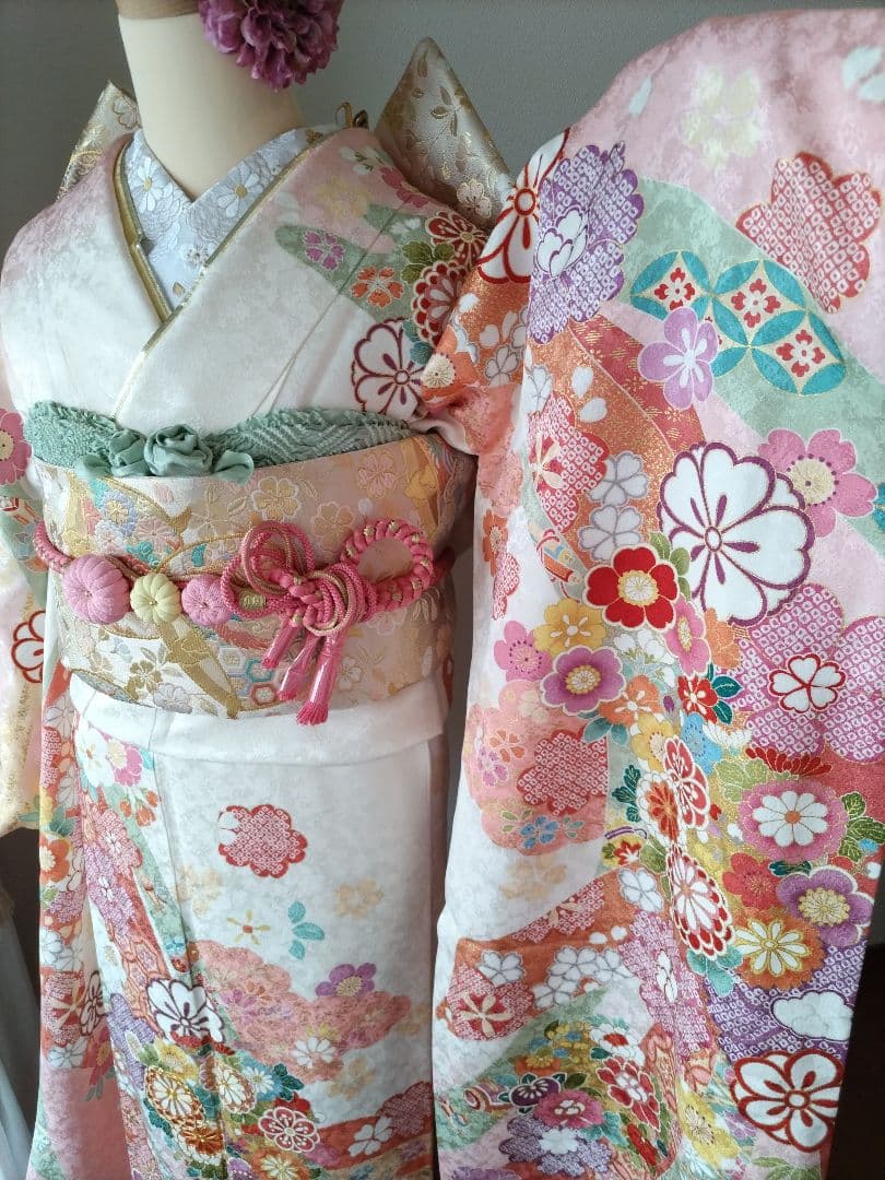 446.振袖7点セット　正絹　フルセット　成人式　京都きもの友禅 細身　美品