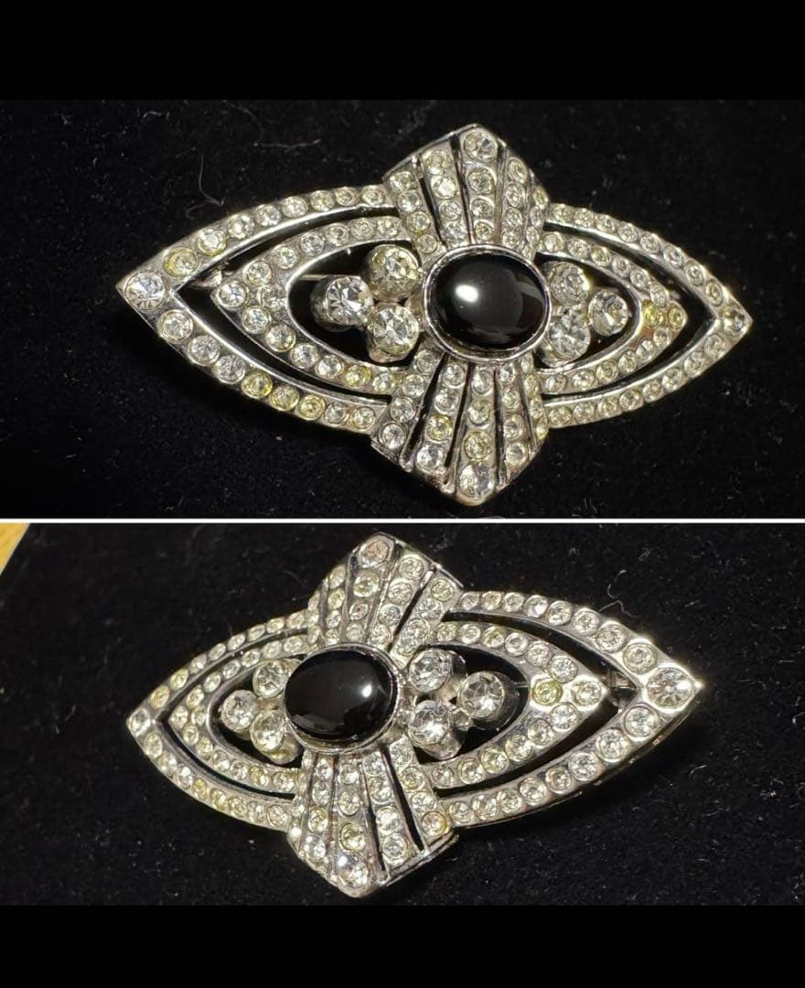 フランス　ヴィンテージ 銀張りのライトストーンと黒色石のブローチ　長期保存