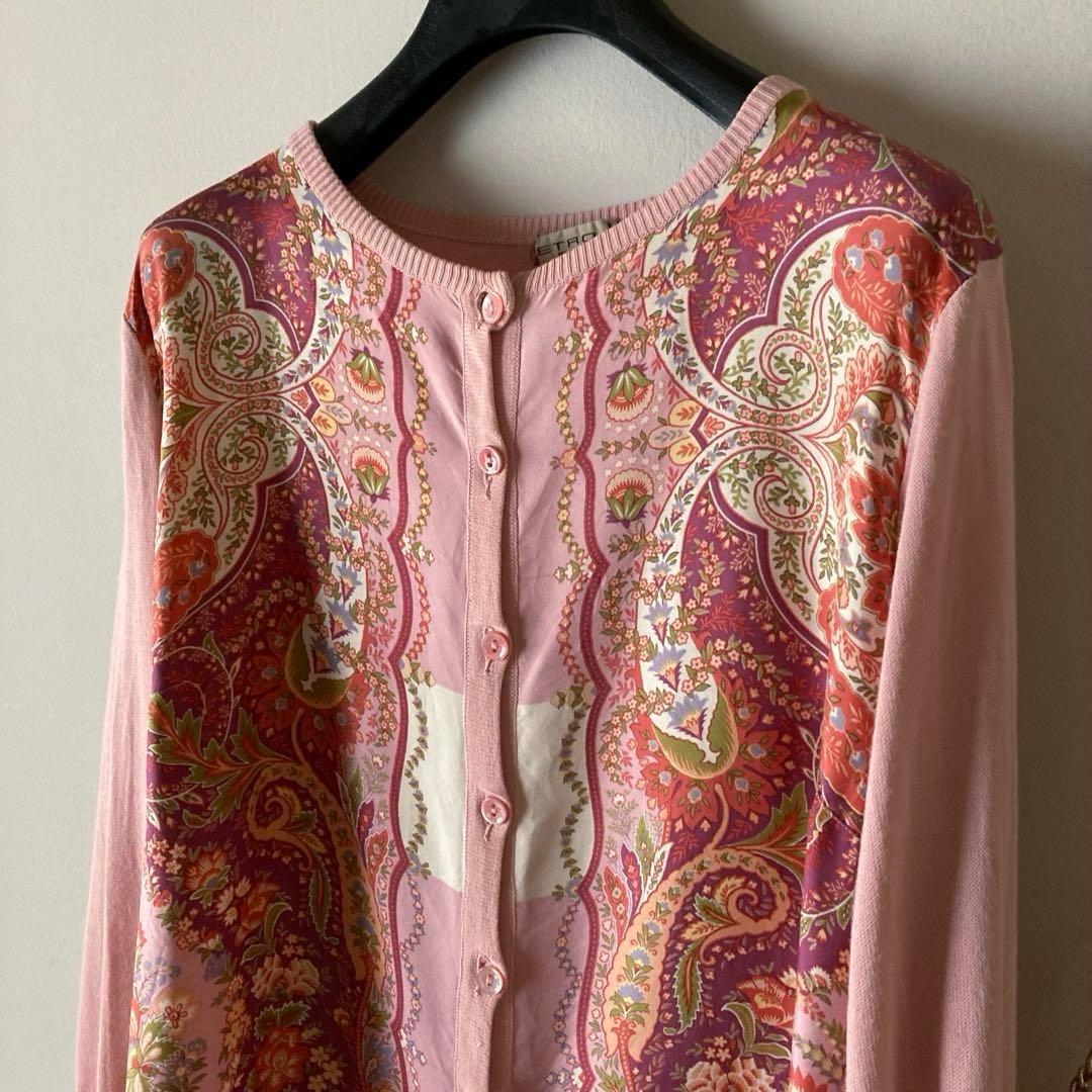 エトロ ＊上質スカーフ柄シルクサテン クルーネックゆるいニットカーディガン