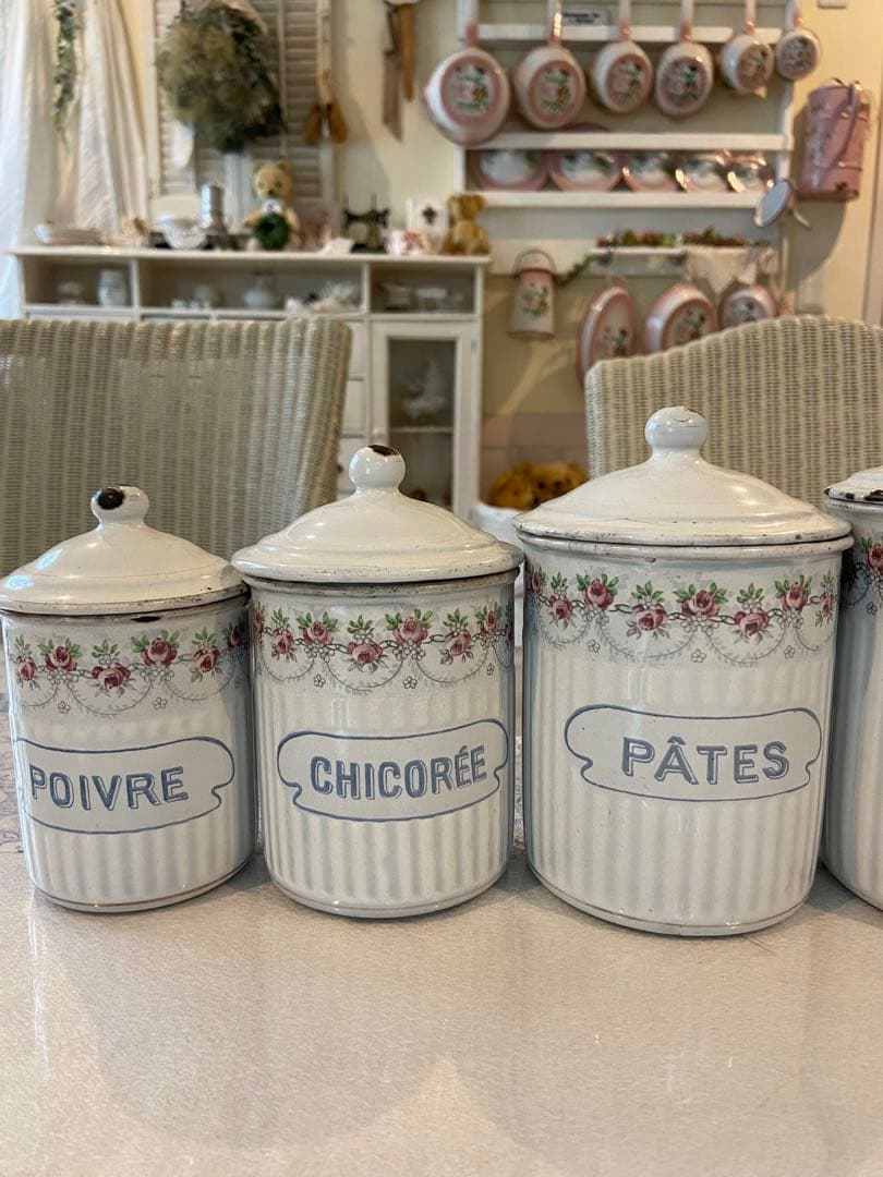 フランスアンティーク☆BF社ホーローキャニスター6P ホワイトローズバンド