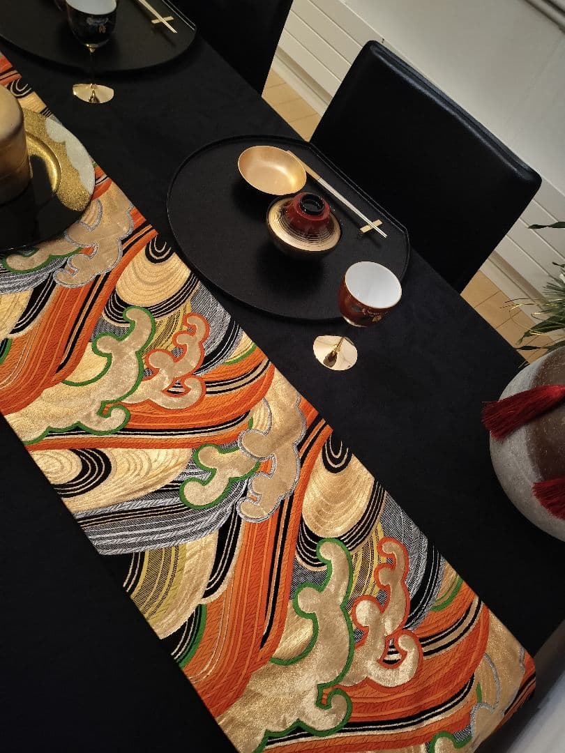 A926豪華‼️節分‼️波模様‼️正絹テーブルランナー1ｍ97cm