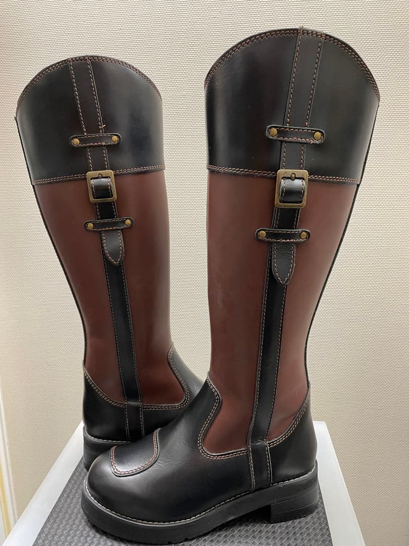 厚底牛革レディースバイク用ロングブーツ