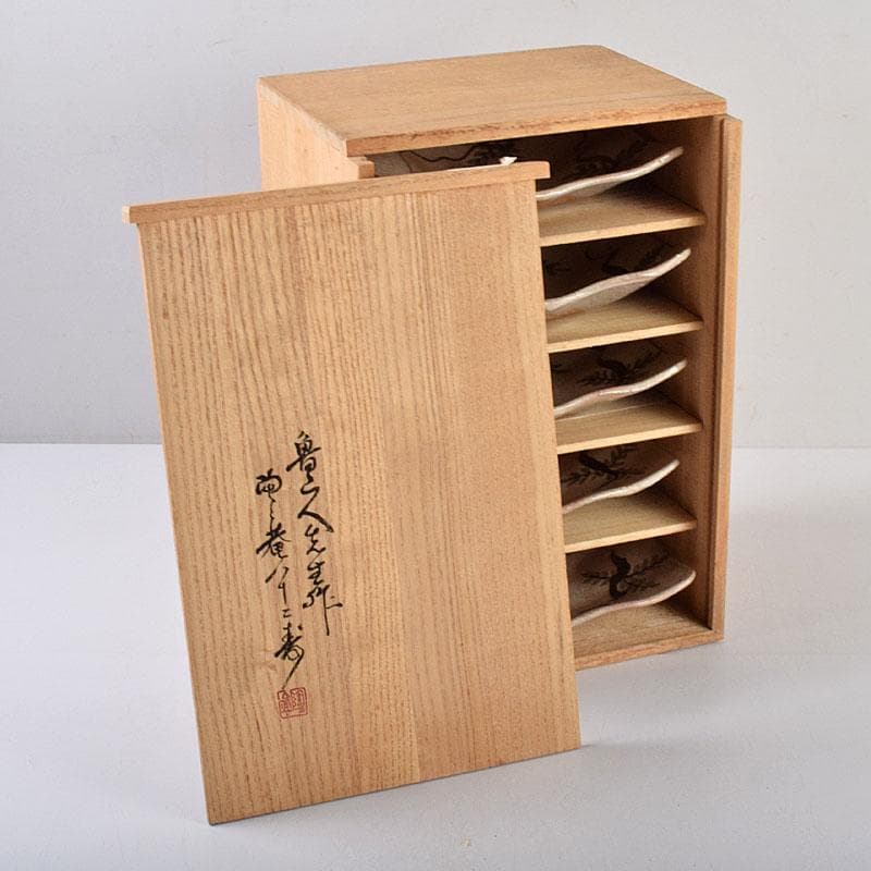 Sake　鼠志野　四方皿　五客　共布　黒田陶々庵極め箱　M　R9064B