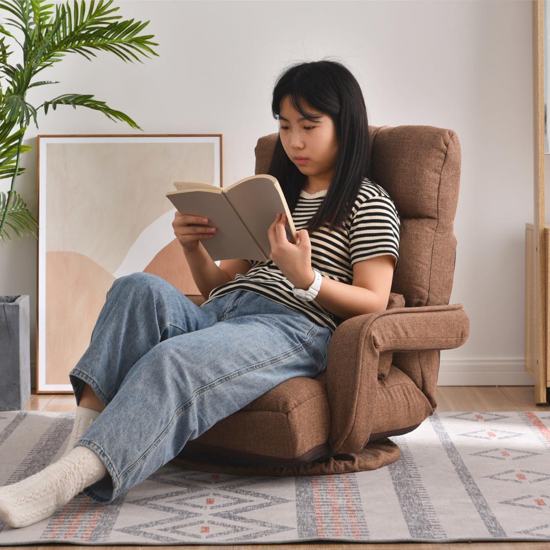 【ブラウン】回転式座椅子 肘掛け ハイバック 座いす リクライニング 1人掛