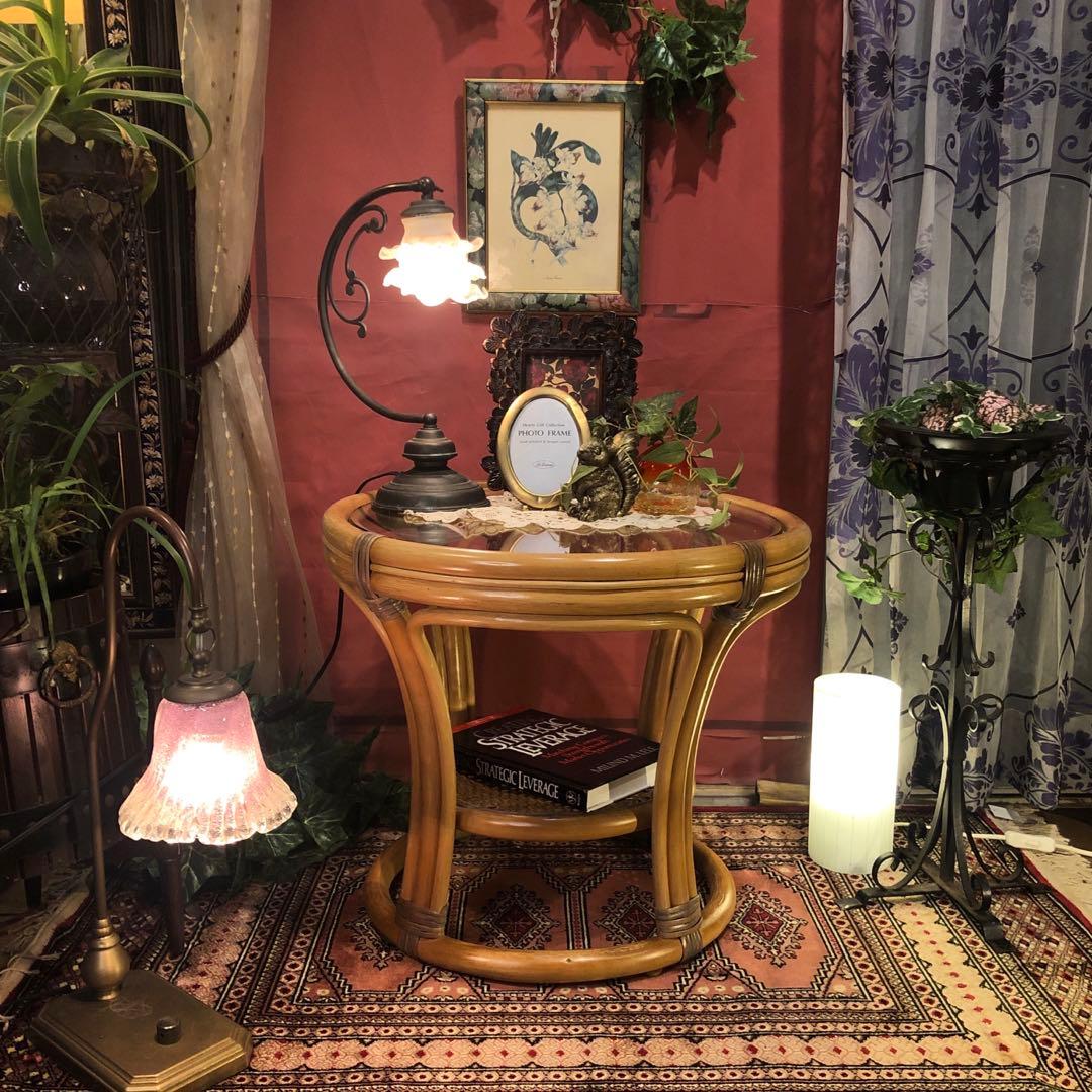 古家具　ヴィンテージ ナチュラル　籐ラタンフレーム サイドテーブル 丸テーブル