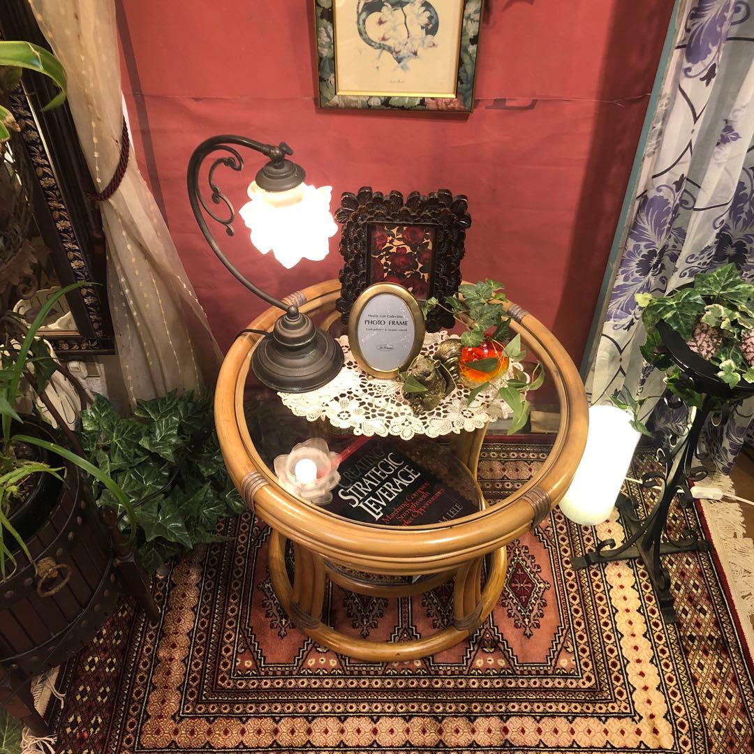 古家具　ヴィンテージ ナチュラル　籐ラタンフレーム サイドテーブル 丸テーブル