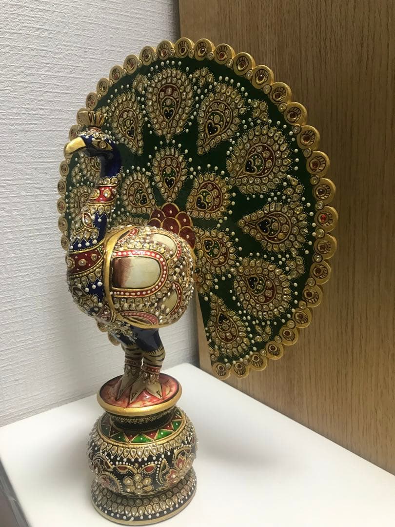 木製孔雀　インド製　置物　インテリア　装飾品