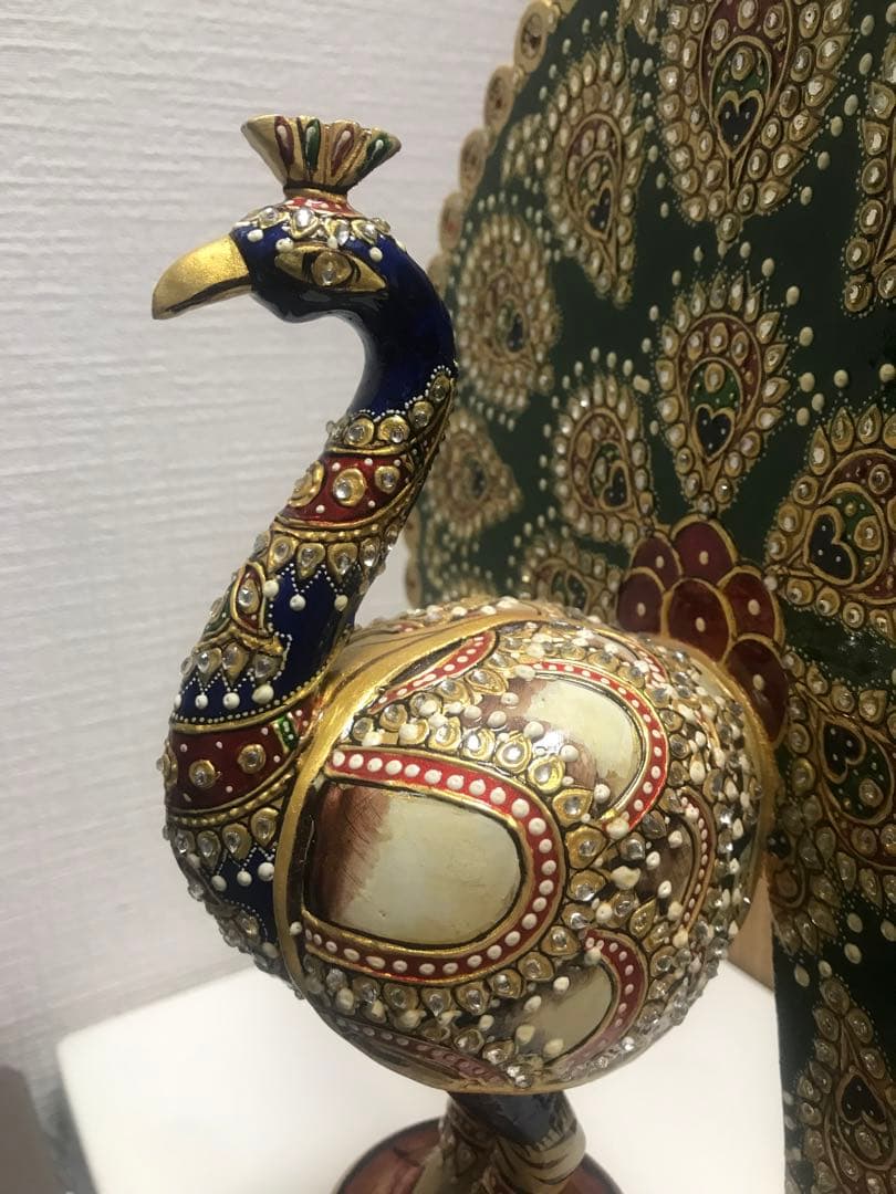 木製孔雀　インド製　置物　インテリア　装飾品