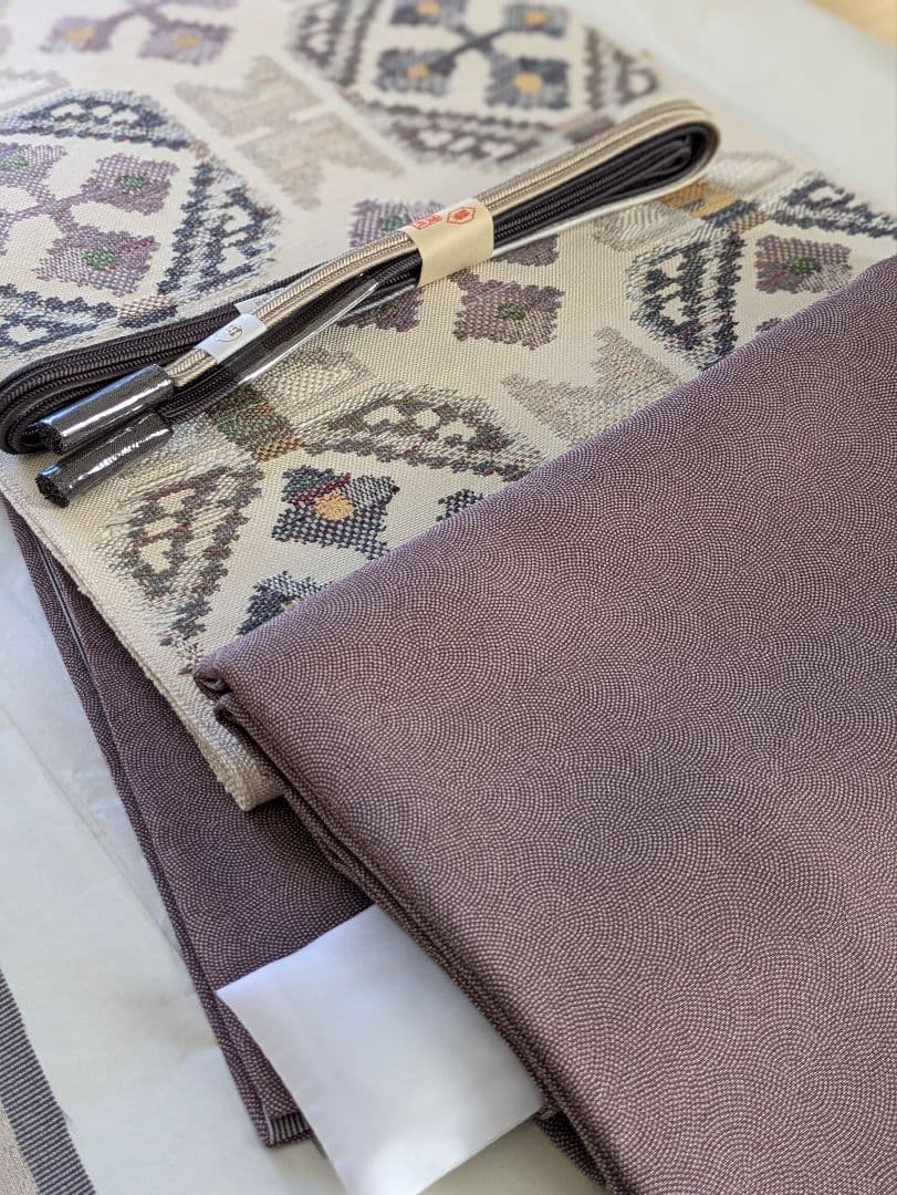 正絹鮫小紋両面染め袷お仕立て上がり、正絹西陣織織元帯屋捨松八寸名古屋帯