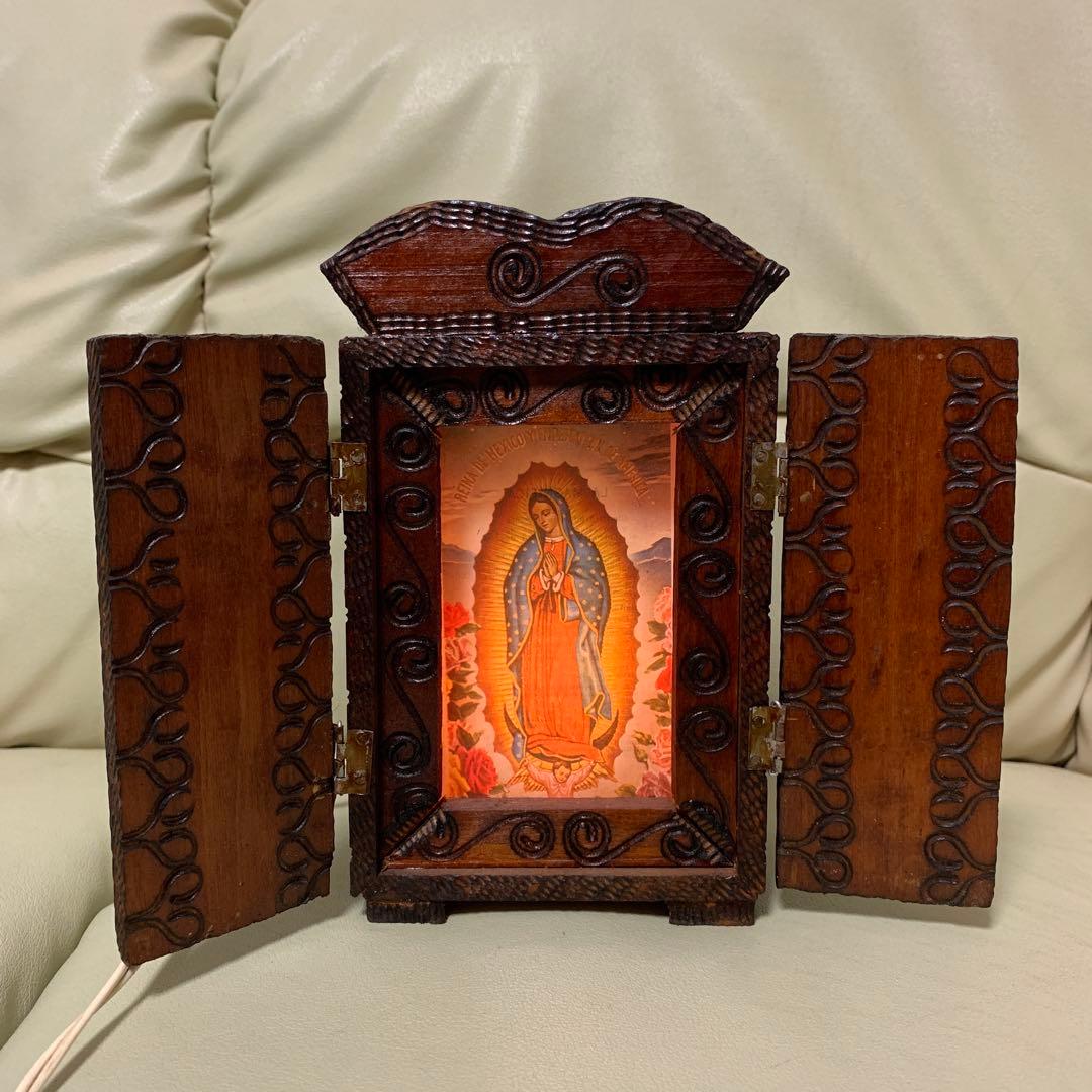 聖母マリアの彫刻入り木製箱　祭壇　キリスト　ローライダー　チカーノ　インパラ
