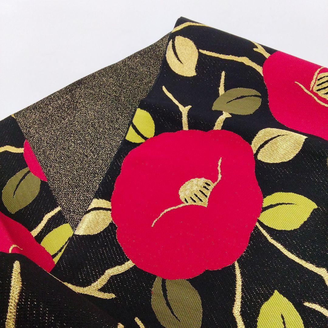 袋帯　振袖　椿　黒　赤　正絹　　　#1112