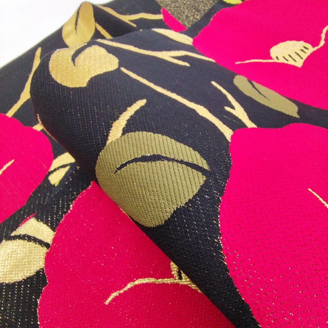 袋帯　振袖　椿　黒　赤　正絹　　　#1112