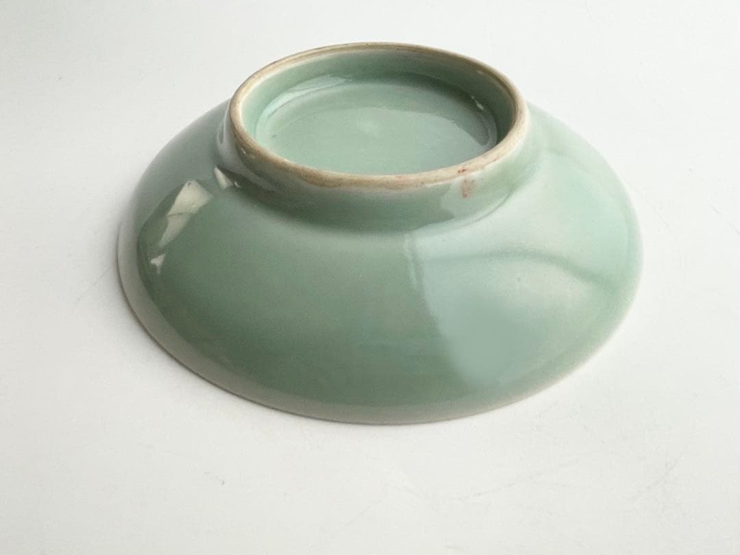 骨董　アンティーク　青磁色絵　紅葉文様　五寸皿　丸皿　竜田川　箱付き