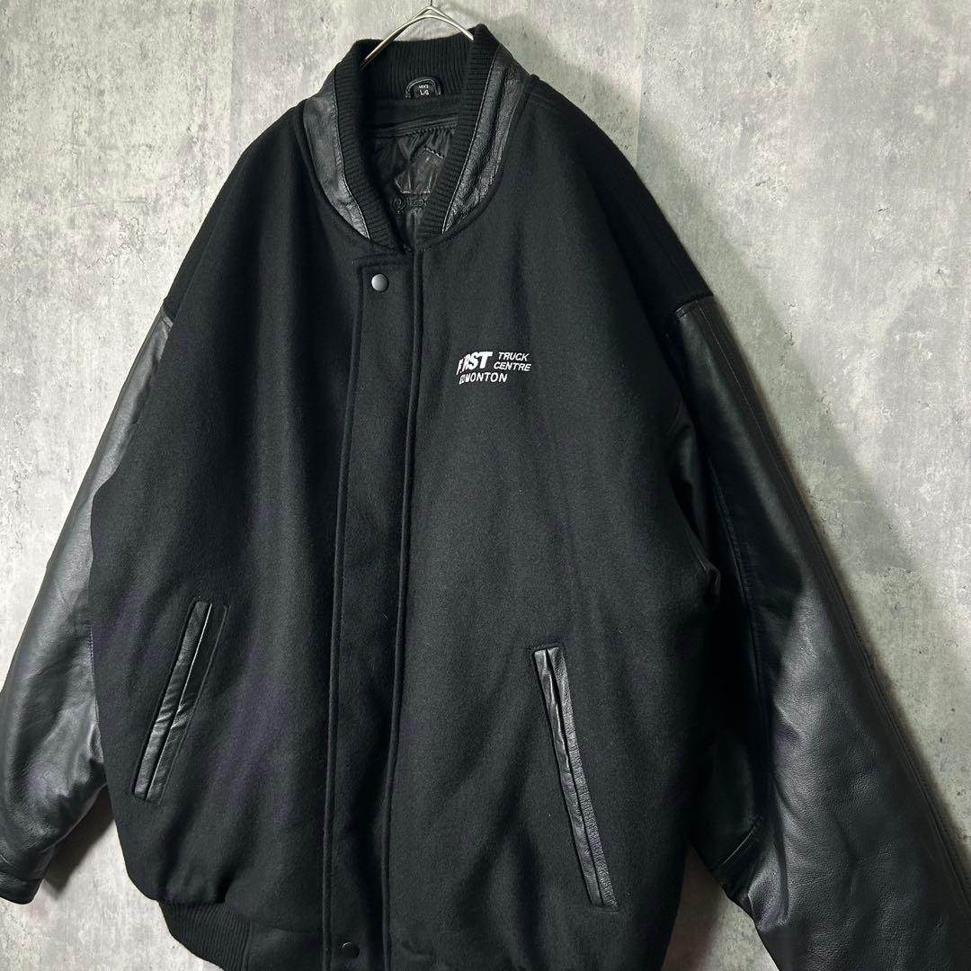 極上 レザー ウール カナダ製 企業刺繍ロゴ スタジャン 中綿 黒 本革