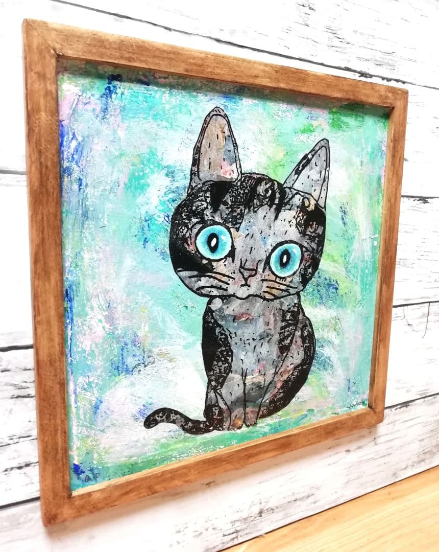 銅版画応用表現絵画　「ひらめき猫」