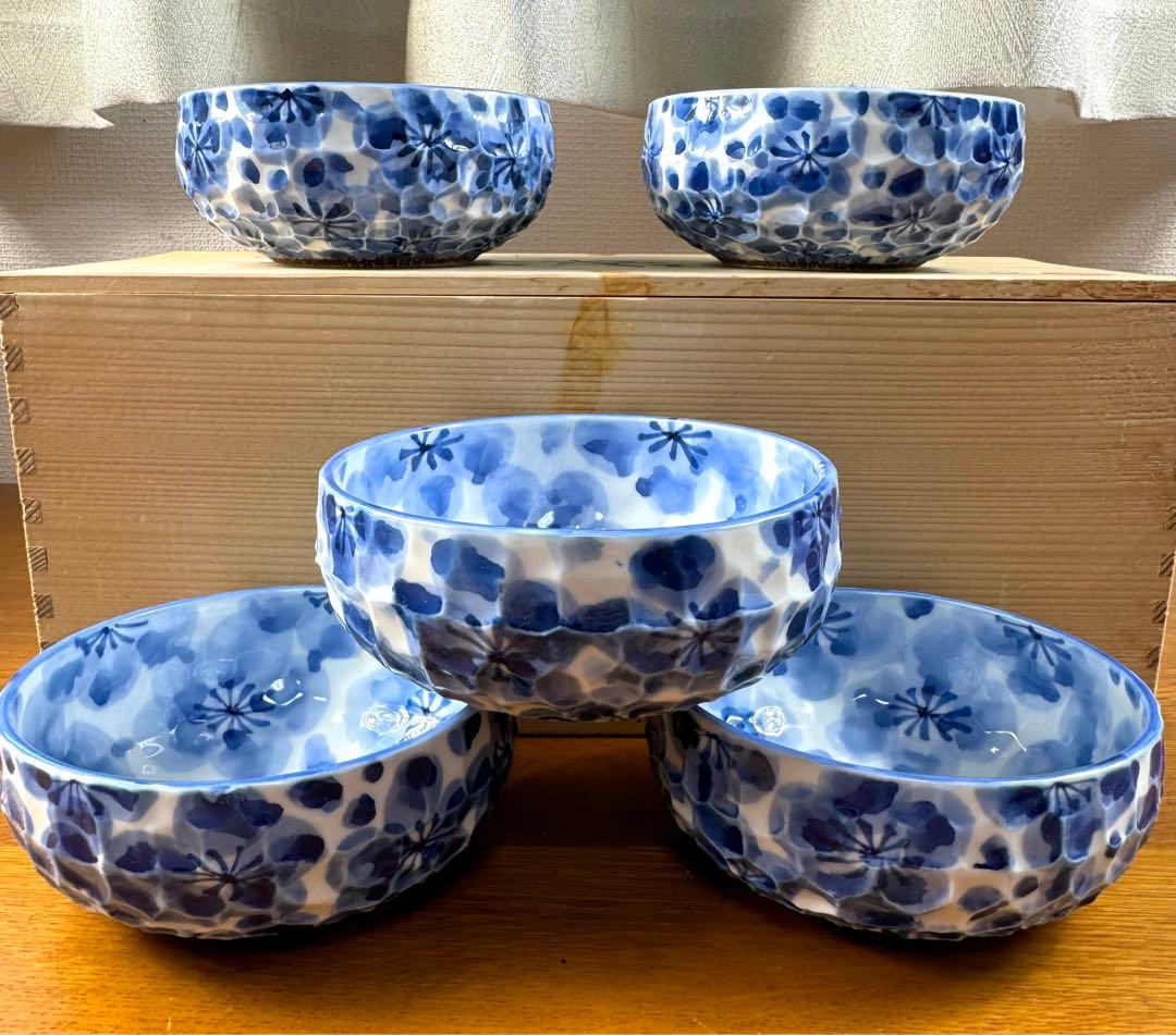 220 波佐見焼　林九郎窯　小鉢揃五客組　未使用品　長期保管　共箱