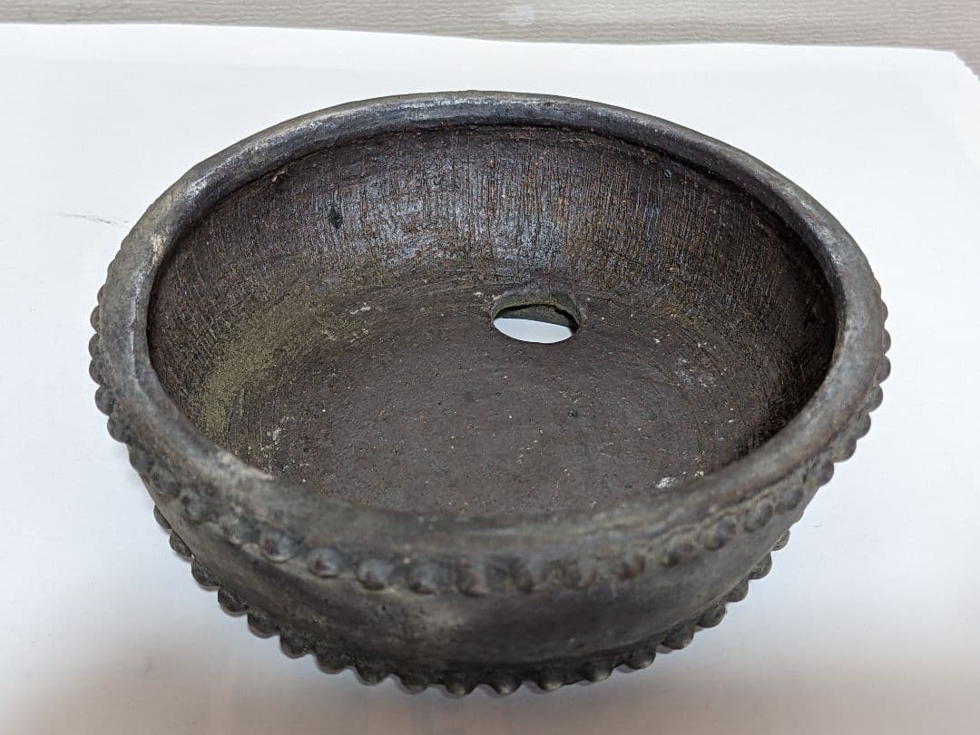 ♦小品盆栽鉢 富舟作 鋲打ち三足丸鉢ミニ盆栽鉢 コレクション 骨董品