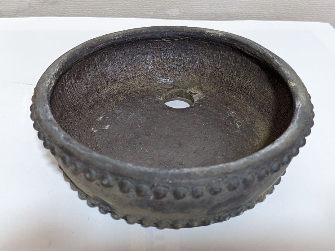 ♦小品盆栽鉢 富舟作 鋲打ち三足丸鉢ミニ盆栽鉢 コレクション 骨董品