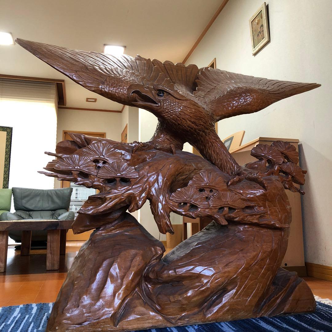 【特大】一刀彫　鷹・松