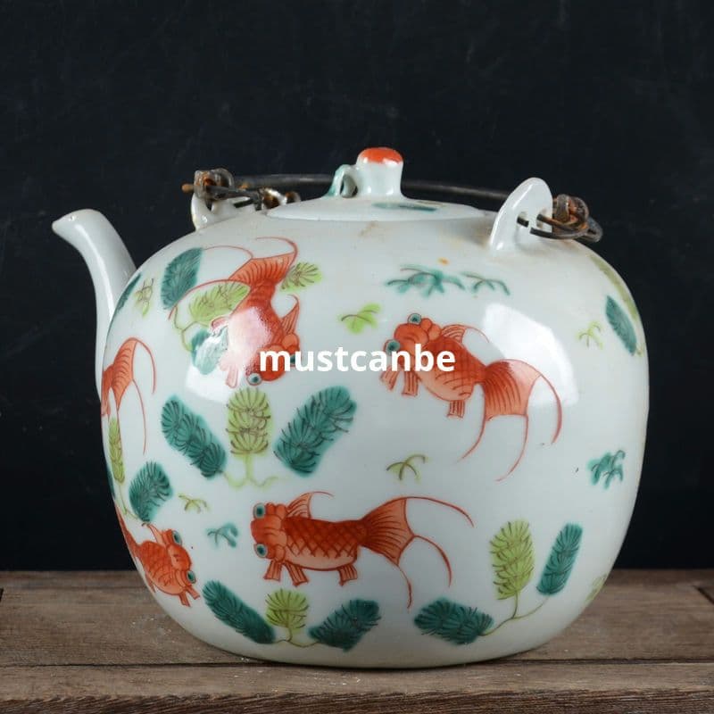 手画パステル金魚壺 提梁壺 茶壺 景徳鎮 陶磁器 煎茶器 現代工芸品 置物