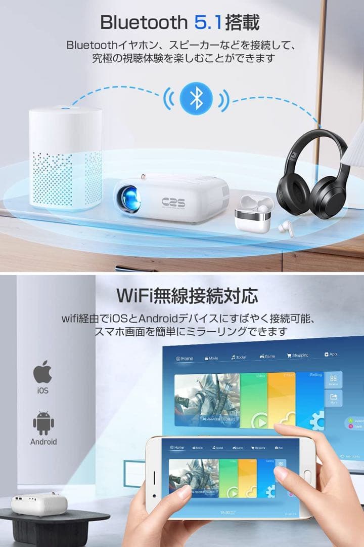 小型プロジェクター　480g軽量 コンパクト 超小型 天井投影可 ホームシアター