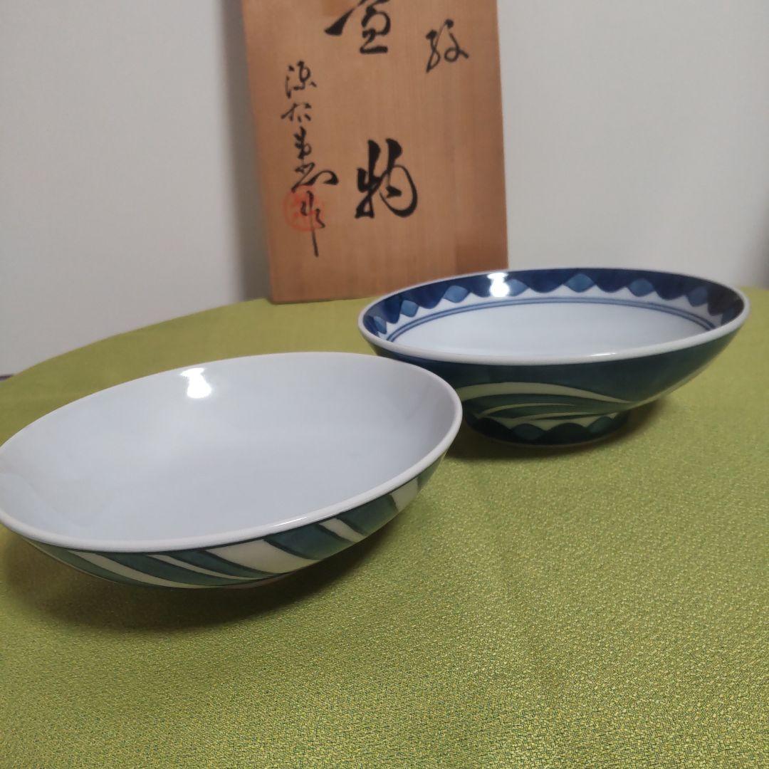 源右衛門 どんぶり 波 染付 蓋物 染錦 丼 小どん 中 6客 手描き 木箱
