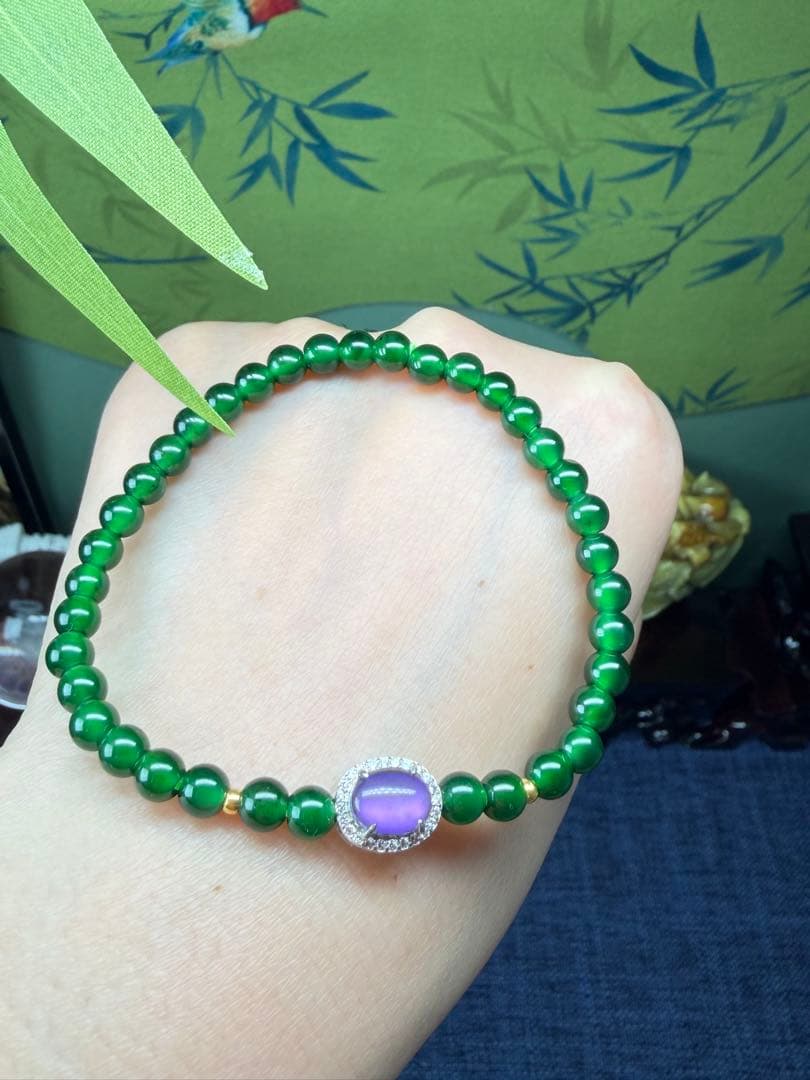 限定1点‼️ 貴重、希少品‼️18kビーズ入りロウカン質極上氷陽緑翡翠ブレス＆リング