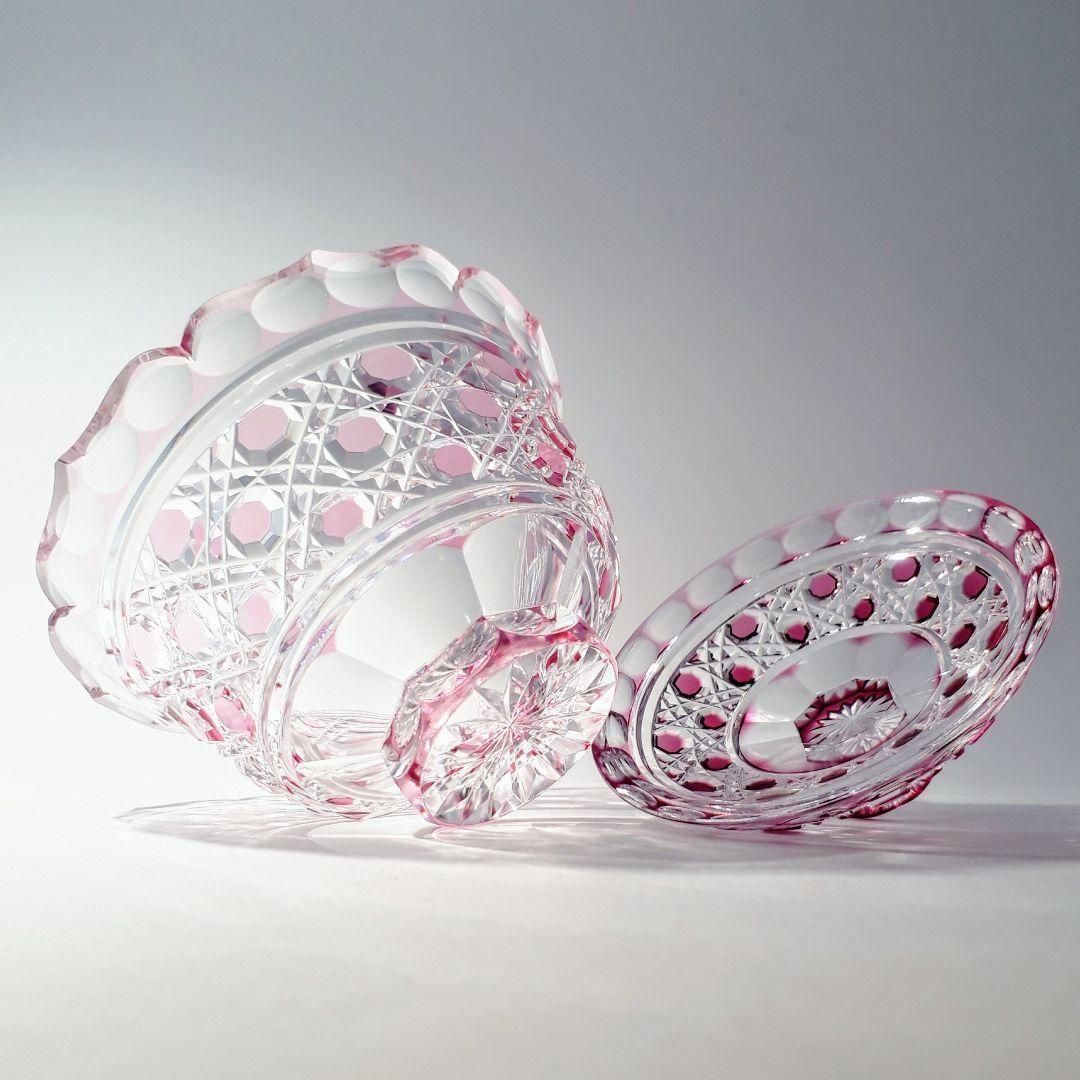 江戸切子　堀口硝子✩秀石　金赤色被せ　八角籠目 蓋物　【 美品 】