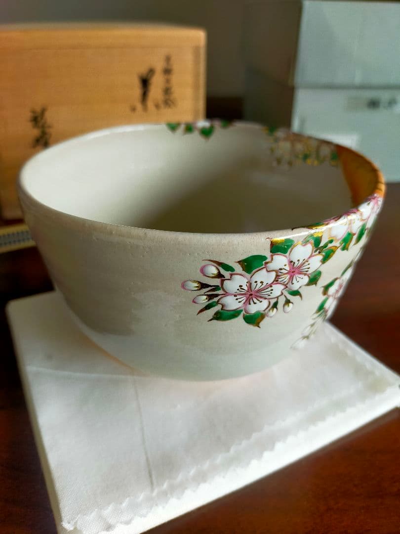 【真作】光琳水「桜絵」抹茶碗★京焼 伝統工芸士 三代 中村秋峰作　共箱・共布付