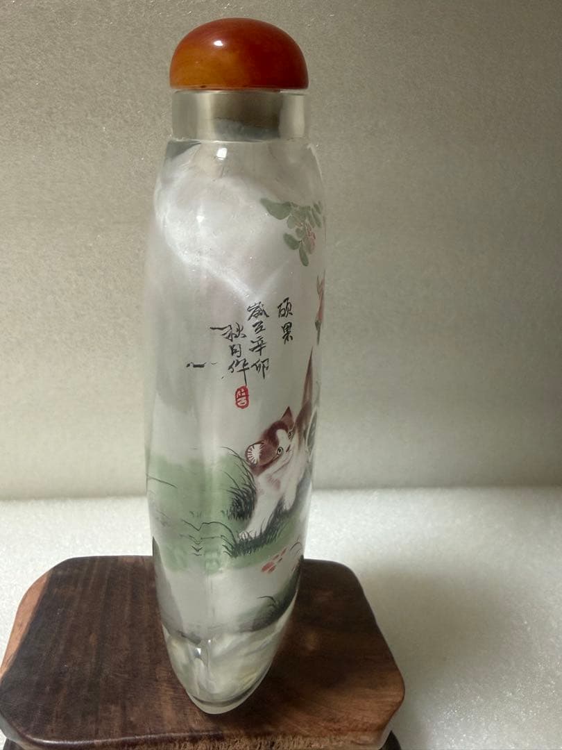 猫と花の絵柄 ガラス製鼻煙壺