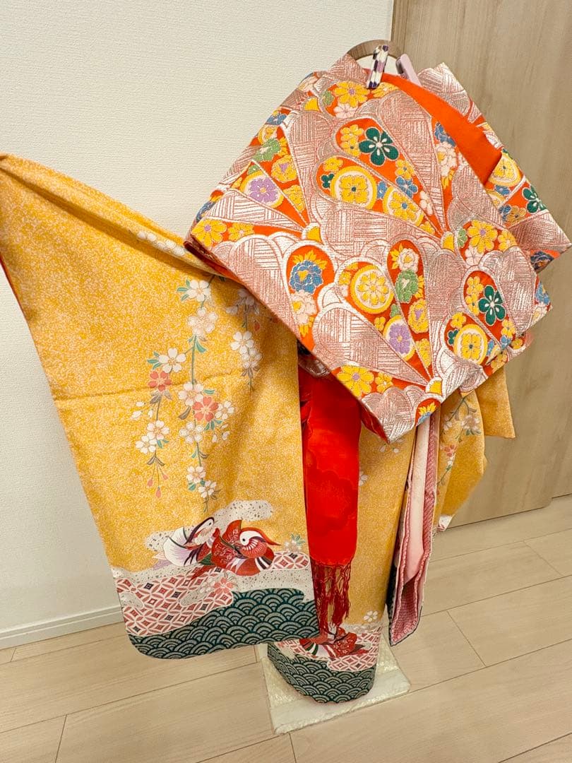七五三 7歳祝い着 正絹 黄色 おしどり M2509025