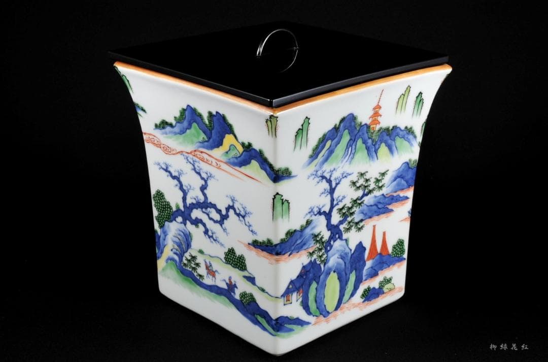 五代 三浦竹泉 色絵山水図 四方 水指 共箱 茶道具